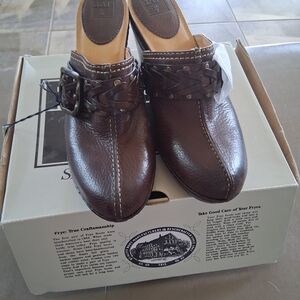 Frye Candice Brown Leather Mules with Buckle